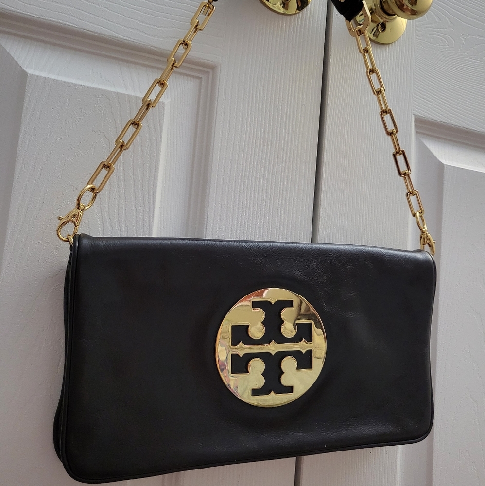 Tory Burch Black Leather Reva Clutch | Shoulder Bag with Gold Chain